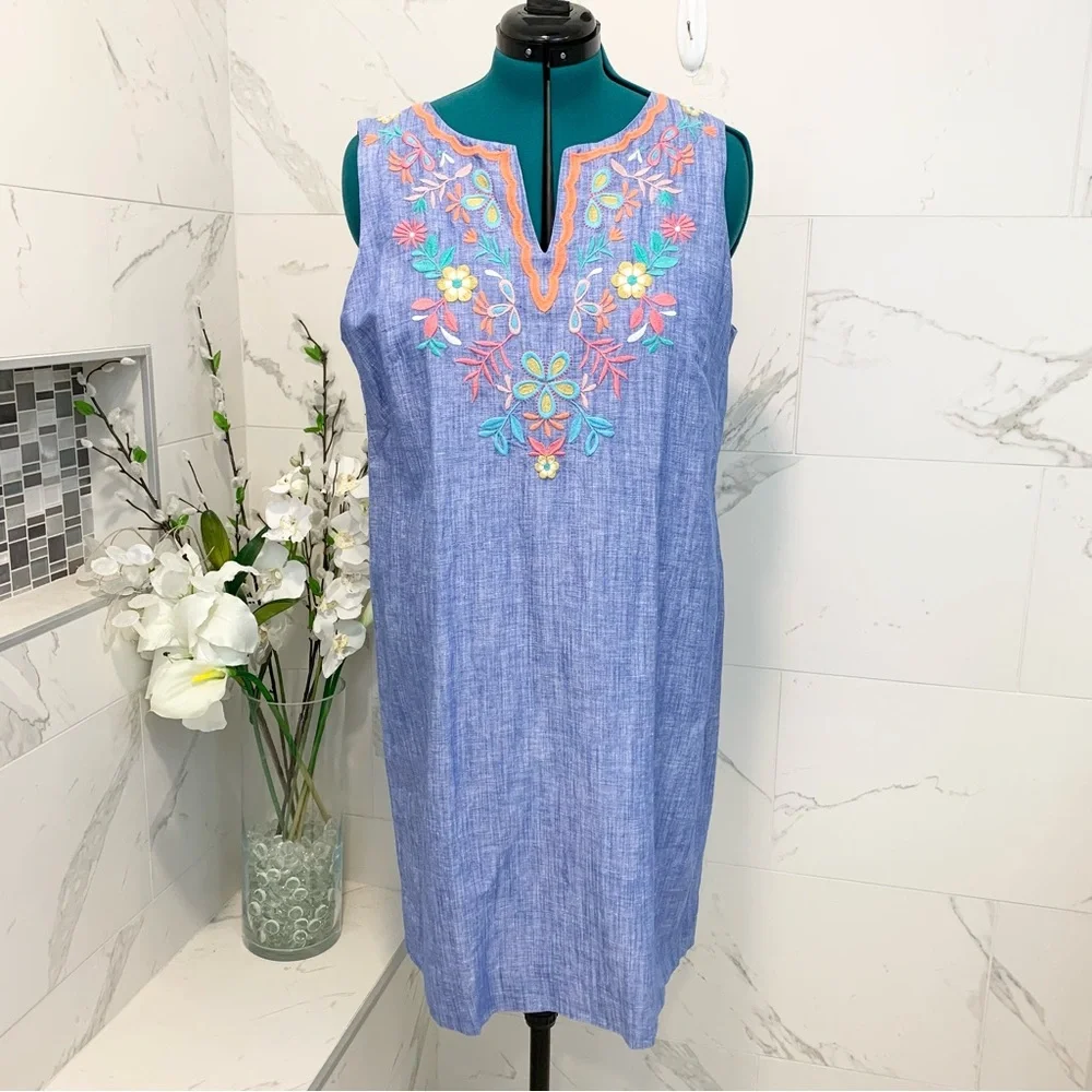 Talbots Dress Linen Blue Embroidered 16 - Picture 5 of 15